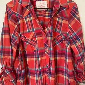 Red and Multicolored Plaid Long Sleeve Top